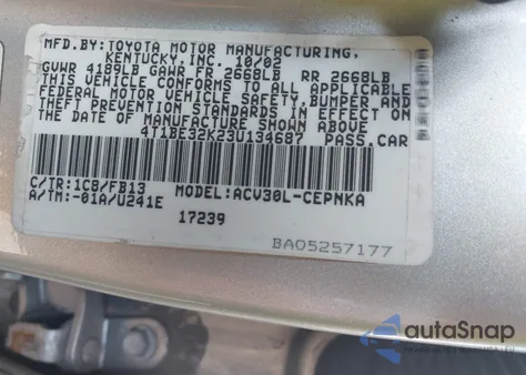 2003 Toyota Camry Le from USA, damaged, VIN 4T1BE32K23U134687